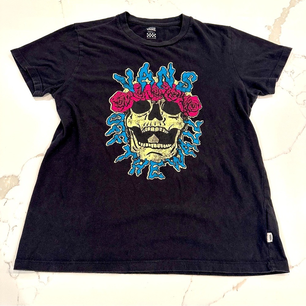 Vintage Vans Black Off The Wall Skull Logo Graphic T-shirt Skater Colorful Sz. S